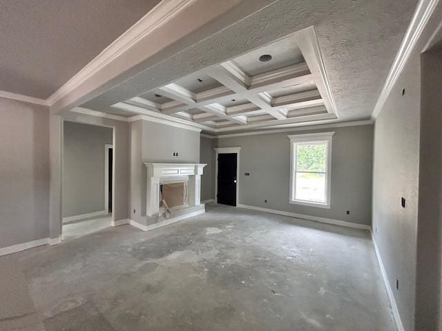 unfurnished living room featuring crown molding, beamed ceiling, and coffered ceiling