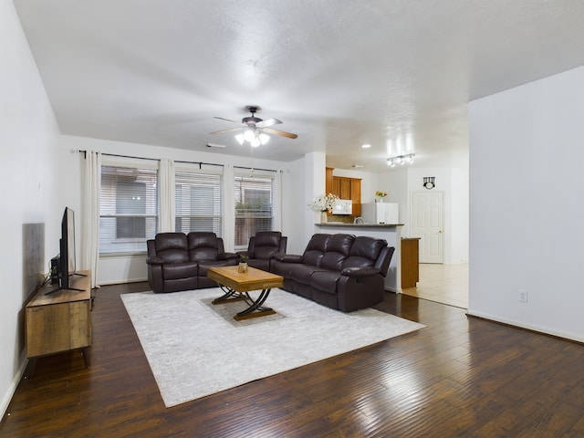 living room featuring ceiling fan and dark hardwood / wood-style floors