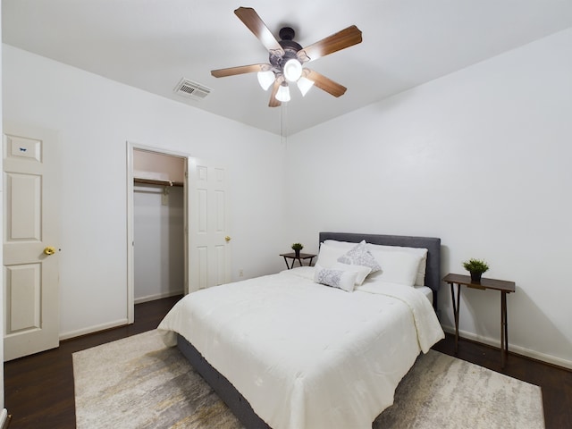 bedroom featuring ceiling fan, a walk in closet, a closet, and dark hardwood / wood-style flooring