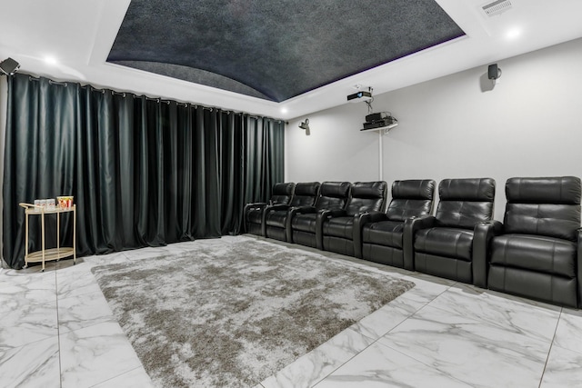 home theater room featuring brick ceiling and vaulted ceiling