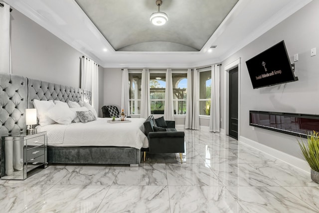 bedroom featuring crown molding and lofted ceiling