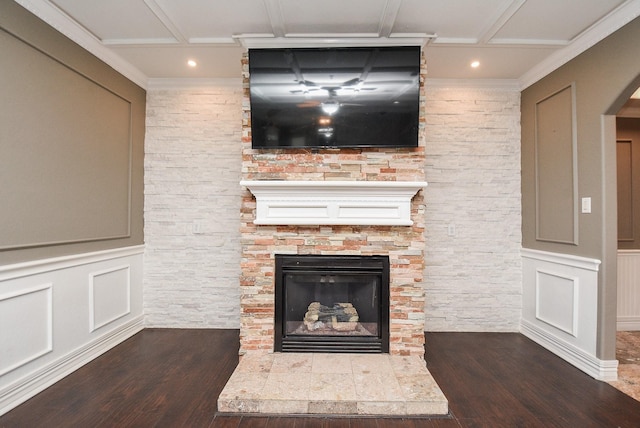 interior details featuring wood-type flooring, crown molding, and coffered ceiling