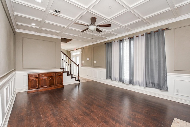 interior space featuring ceiling fan, coffered ceiling, and hardwood / wood-style floors