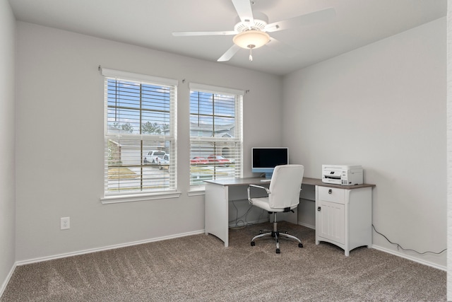 office space with ceiling fan, a wealth of natural light, and carpet flooring