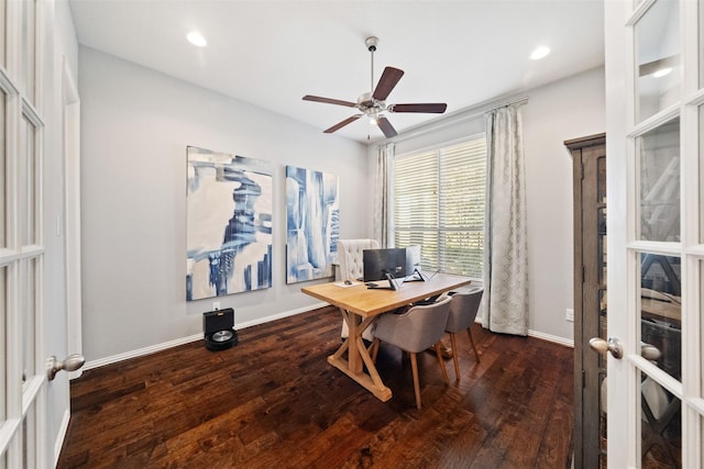 office with ceiling fan, dark wood-type flooring, and french doors