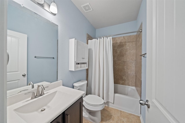 full bathroom with toilet, tile patterned flooring, vanity, and shower / tub combo with curtain