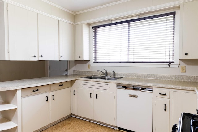 kitchen featuring crown molding, white cabinets, sink, and white dishwasher