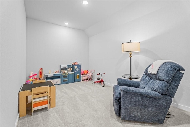 playroom with lofted ceiling, recessed lighting, carpet, and baseboards