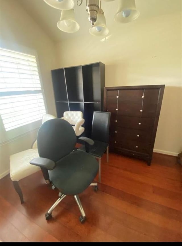 office featuring vaulted ceiling and hardwood / wood-style flooring