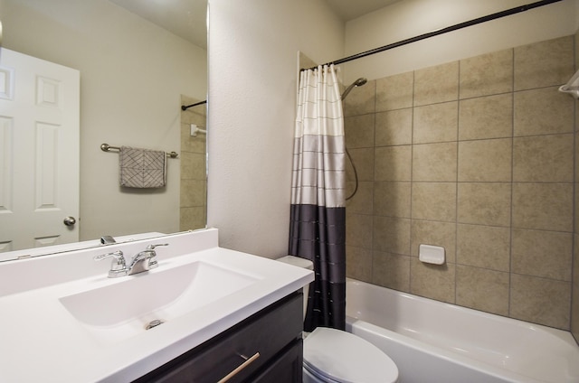 full bathroom featuring toilet, vanity, and shower / bath combination with curtain