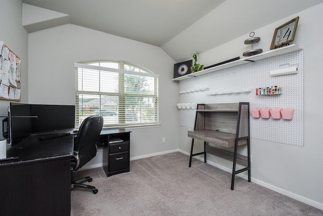 office area with light carpet and lofted ceiling