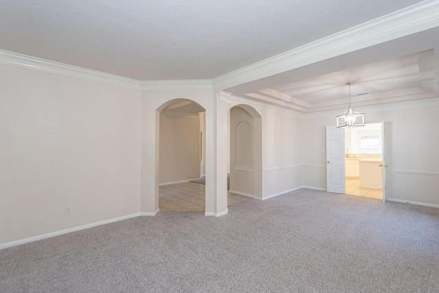 carpeted spare room featuring a raised ceiling and crown molding