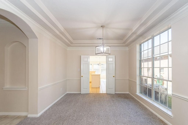 spare room featuring light colored carpet, a tray ceiling, and crown molding