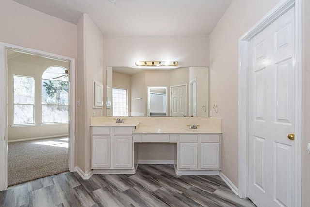 bathroom with vanity, ceiling fan, and wood-type flooring