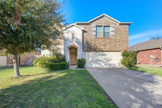 front facade with a front yard and a garage