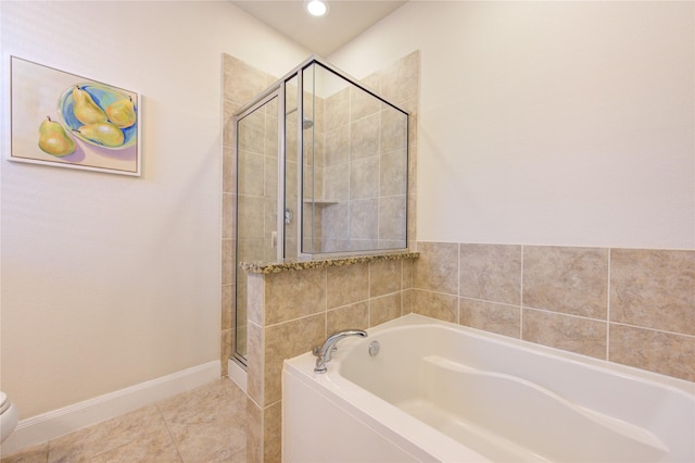 bathroom with toilet, tile patterned flooring, and shower with separate bathtub