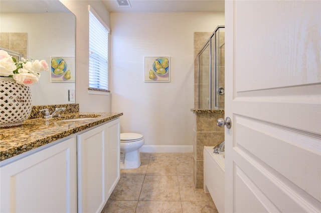 full bathroom with toilet, vanity, tile patterned flooring, and shower with separate bathtub