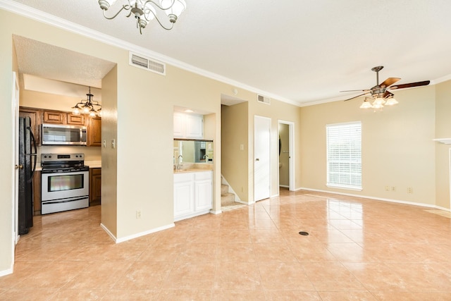 unfurnished living room featuring light tile patterned floors, sink, ceiling fan with notable chandelier, and crown molding