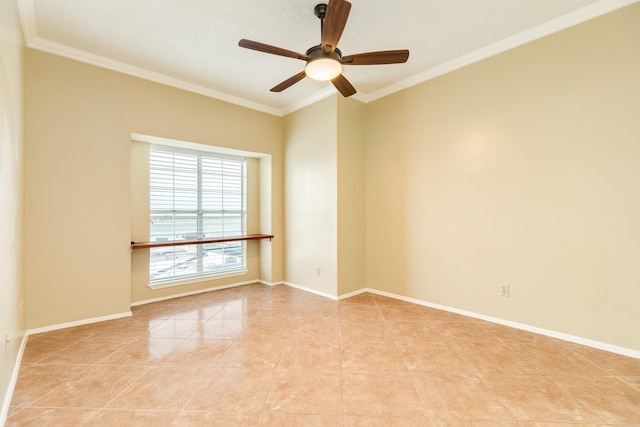 unfurnished room featuring ceiling fan, light tile patterned flooring, ornamental molding, and a textured ceiling