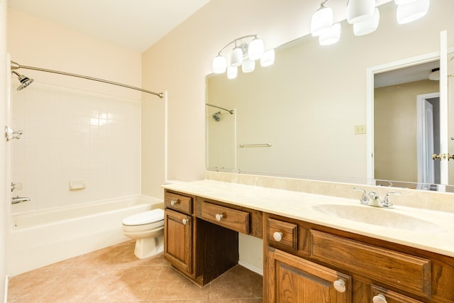 full bathroom featuring shower / tub combination, toilet, vanity, and tile patterned flooring