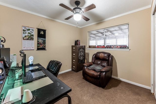 carpeted office space with ceiling fan and crown molding