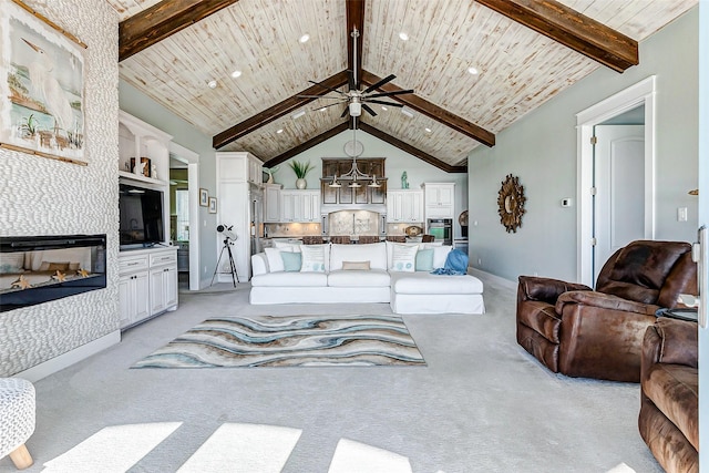 living room with light carpet, wooden ceiling, beam ceiling, and ceiling fan