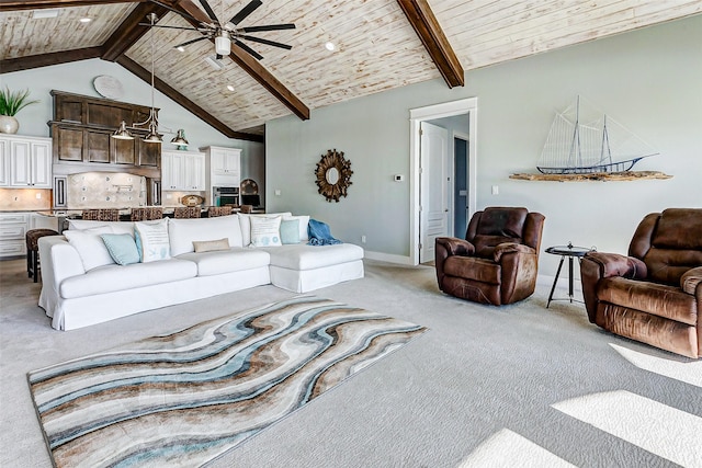 living room featuring wooden ceiling, carpet flooring, and beamed ceiling