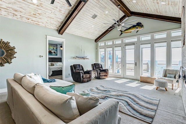 living room with carpet floors, beam ceiling, ceiling fan, and wooden ceiling