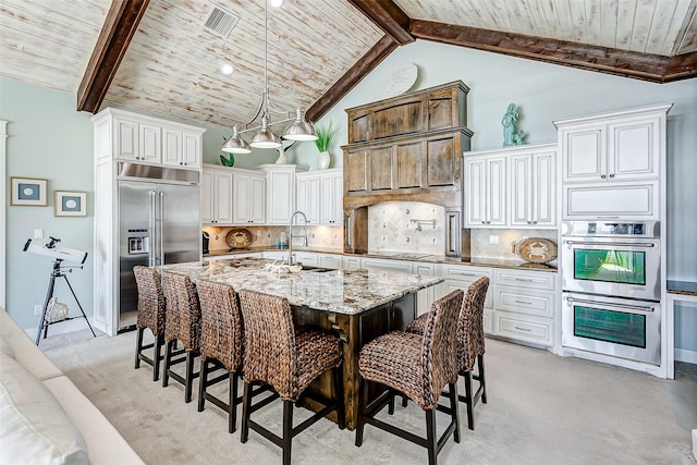 dining area with wood ceiling, light colored carpet, high vaulted ceiling, beam ceiling, and sink