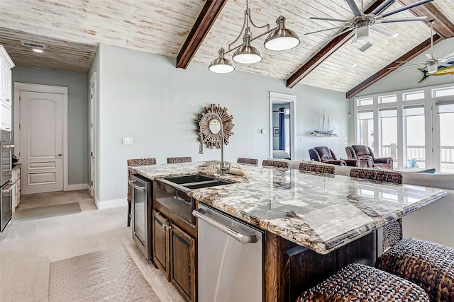 kitchen with stainless steel dishwasher, a kitchen bar, an island with sink, light carpet, and wooden ceiling