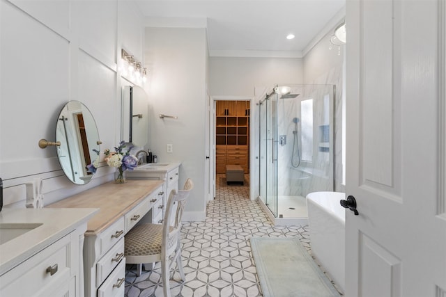 bathroom with crown molding, separate shower and tub, and vanity