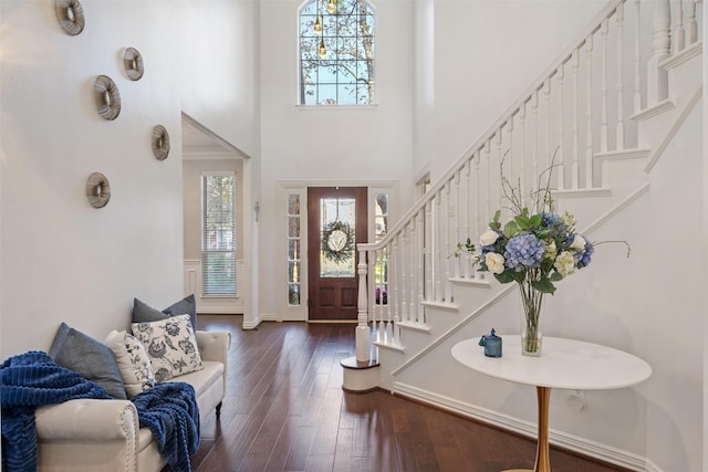 entryway with a high ceiling and dark hardwood / wood-style flooring