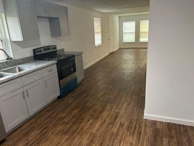 kitchen with electric stove, dark wood-type flooring, and sink