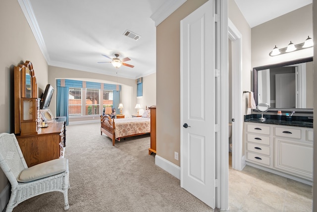 bedroom with ceiling fan, ornamental molding, and light carpet