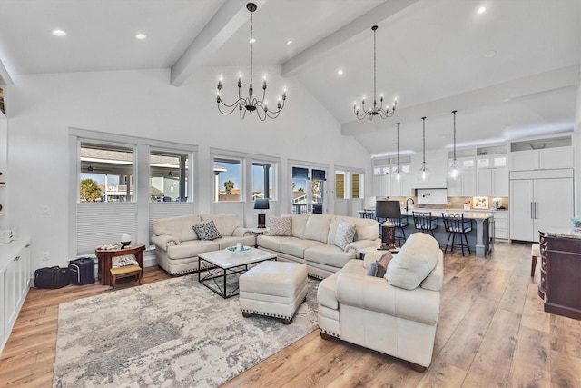 living room featuring high vaulted ceiling, recessed lighting, a notable chandelier, light wood-style floors, and beam ceiling