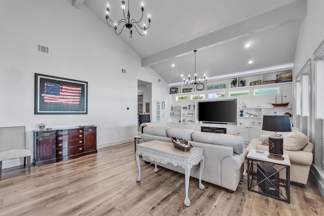 living area featuring high vaulted ceiling, light wood-style flooring, visible vents, beam ceiling, and an inviting chandelier