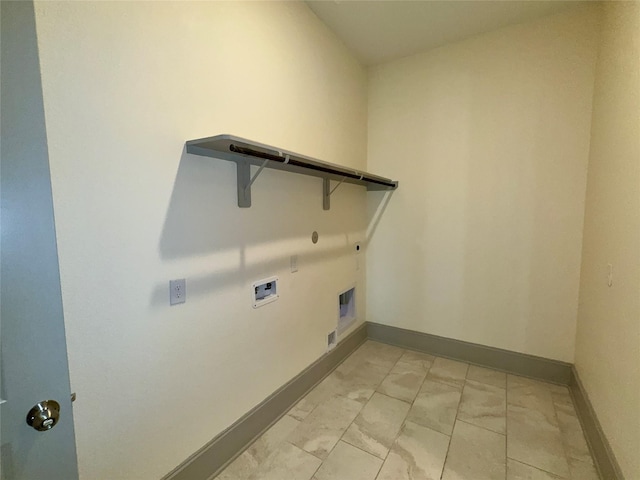 laundry room featuring hookup for a gas dryer, laundry area, baseboards, hookup for a washing machine, and marble finish floor