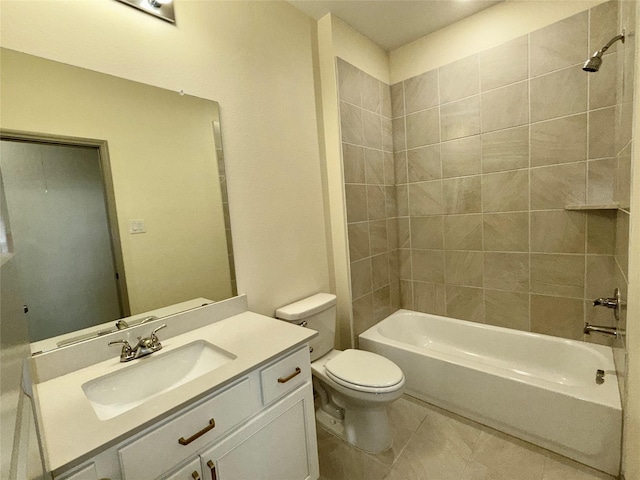 bathroom with tile patterned flooring, toilet, shower / bathtub combination, and vanity