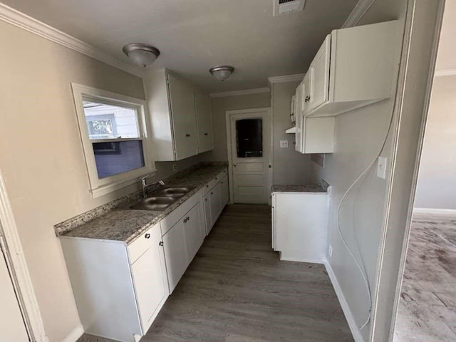 kitchen with white cabinetry, wood finished floors, a sink, and ornamental molding