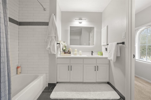 bathroom with vanity and shower / bath combination with curtain