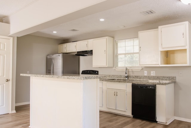 kitchen with stainless steel refrigerator with ice dispenser, light hardwood / wood-style floors, white cabinetry, and dishwasher