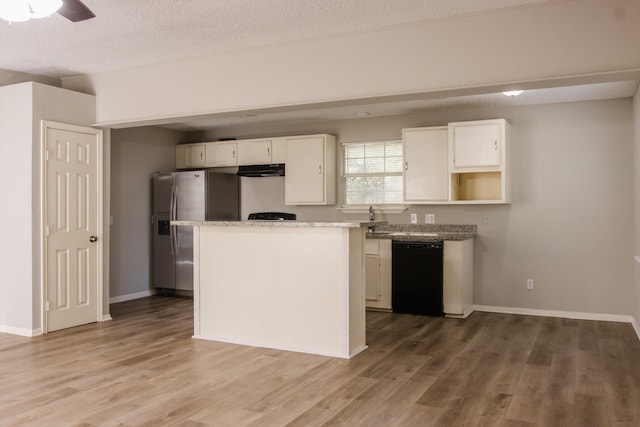 kitchen with ceiling fan, dishwasher, stainless steel refrigerator with ice dispenser, a textured ceiling, and white cabinets