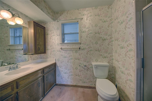 bathroom with walk in shower, vanity, toilet, and hardwood / wood-style flooring