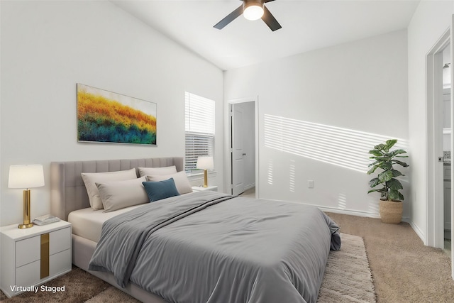 bedroom featuring ceiling fan and carpet floors