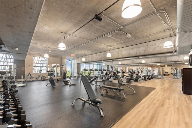 workout area with wood-type flooring