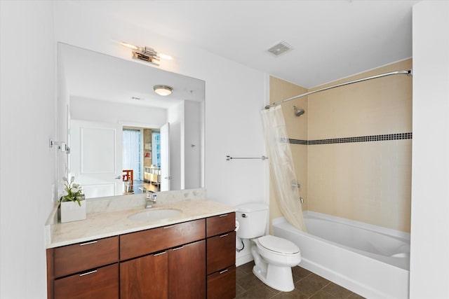 full bathroom with toilet, vanity, tile patterned flooring, and shower / bathtub combination with curtain