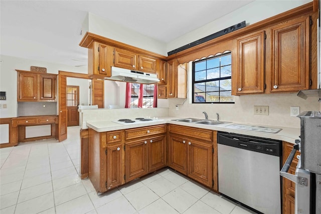 kitchen featuring stainless steel dishwasher, kitchen peninsula, sink, light tile patterned flooring, and white cooktop