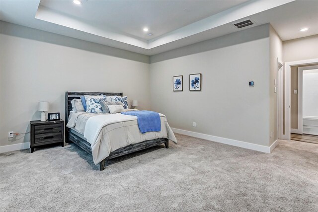 bedroom featuring a raised ceiling and carpet flooring