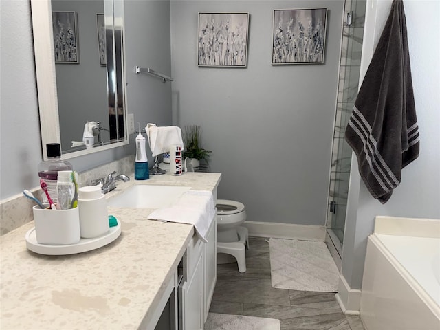 full bathroom with toilet, vanity, and separate shower and tub