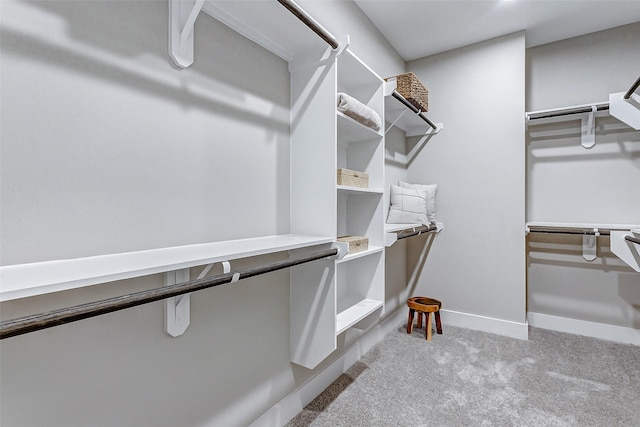 walk in closet with light carpet